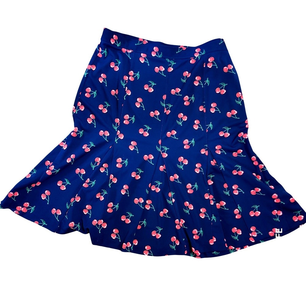 Talbots Cherry Print Skirt Womens 6 Navy Blue Fit & Flare Knee Length Stretch